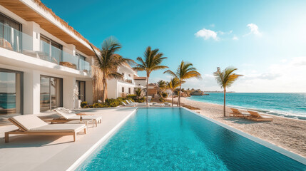 Fototapeta premium Modern white beachfront hotel with infinity pool and palm trees by turquoise sea, representing luxury seaside getaway, exclusive tropical vacation, and serene leisure. Banner with copy space