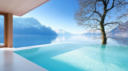 Fototapeta premium Estate Minimalist estate with large glass windows offering panoramic views of the mountains.