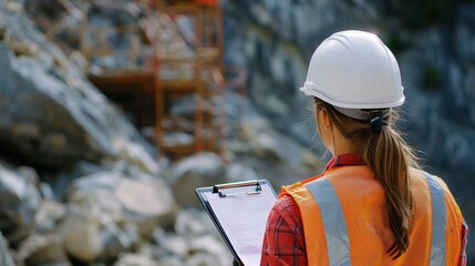 Civil Engineer Inspecting Construction Site from Behind, Wearing White Hard Hat and Reflective Safety Vest, Holding Clipboard