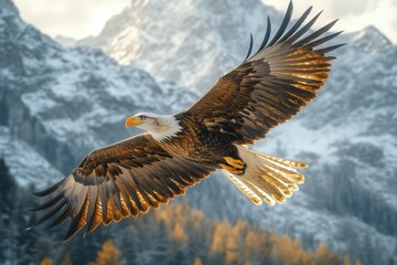 Obraz premium A powerful eagle glides effortlessly over towering snow-covered mountains as the sun rises, its wings spread wide and its feathers illuminated by golden light Generative AI
