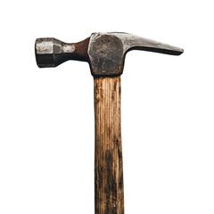 A weathered claw hammer, a steadfast tool ready for any task, shows its age with a worn wooden handle and metallic head against a stark white background.