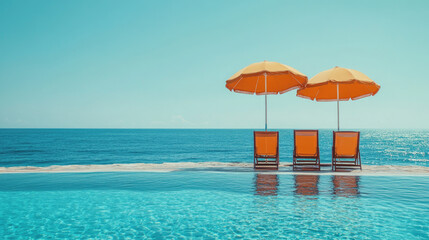 Fototapeta premium Single sunbed and umbrella beside turquoise swimming pool in tropical resort, symbolizing solitude, peaceful vacation, and minimal relaxation in summer paradise. Banner with copy space