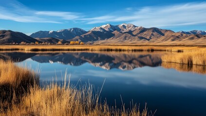 Beautiful nature scene featuring a serene lake, distant mountains, and golden grass under a bright clear sky, perfect for inspiring tranquility and peaceful moments while appreciating outdoor beauty.