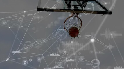 Data processing animation overlaying basketball hoop in school gym setting - Powered by Adobe
