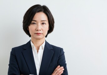 Serious business woman with folded arms on white background