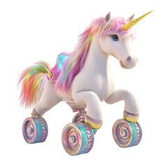 A white unicorn with rainbow mane and tail on wheels against black background © Joseph Thomassss