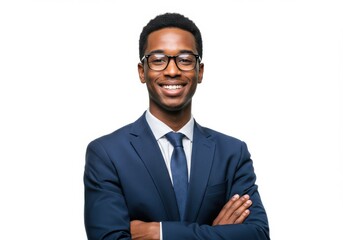 Young college teacher dressed in blue suit, wearing eyeglasses, looking at viewer with happy smile, arms crossed, isolated on white background