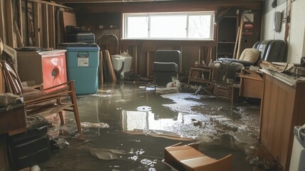 A flooded basement due to snowmelt or a pipe burst highlights the challenges of water damage restoration.