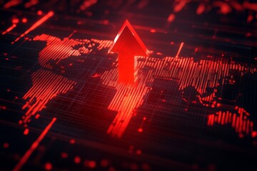 A red arrow points downward on a glowing digital world map, emphasizing trends and data analysis. This depiction highlights visual data representation in technology Generative AI