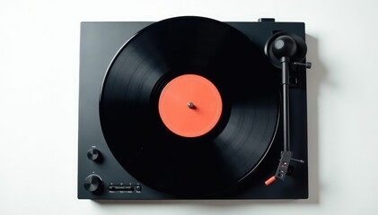 Turntable, vinyl record, and headphones on white backdrop , spinning, record