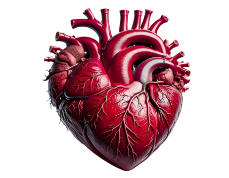 Highdetail 3D render of a human heart, showcasing intricate vascular system.  Ideal for medical, health, or anatomical visuals evokes concepts of life, love, and vitality.