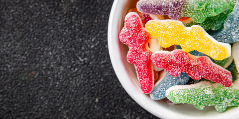 Jelly candy sweet dish fresh delicious gourmet food background on table rustic food top view copy...