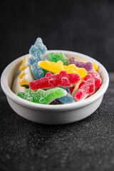 Jelly candy sweet dish fresh delicious gourmet food background on table rustic food top view copy space 