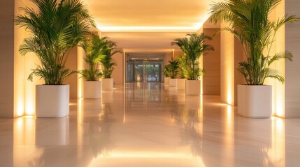 Hotel Luxury hotel lobby with modern decor and ambient lighting welcoming guests.