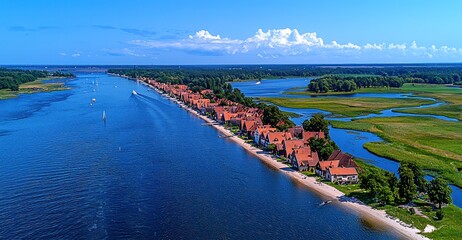 Aerial view of a picturesque coastal town with traditional houses, boats, and waterways on a sunny day.