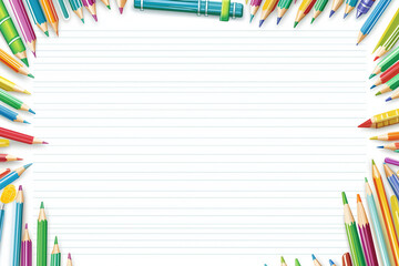 Fototapeta premium Colorful Pencils Frame on Lined Paper Background Perfect for School Projects and Creative Designs