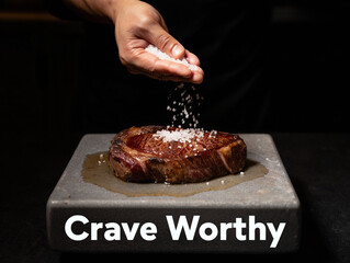 Juicy Ribeye Steak on Himalayan Salt Block with Sprinkling Salt – 'Crave Worthy' Text – Generative AI