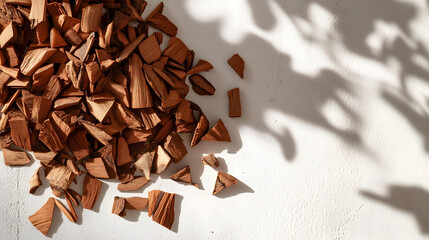 Whole sandalwood shavings in different sizes scattered