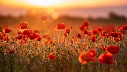 Obraz premium red poppies in the field in sunset light