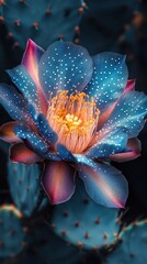 Vivid cactus flower, desert bloom, detailed close-up, prickly plant backdrop