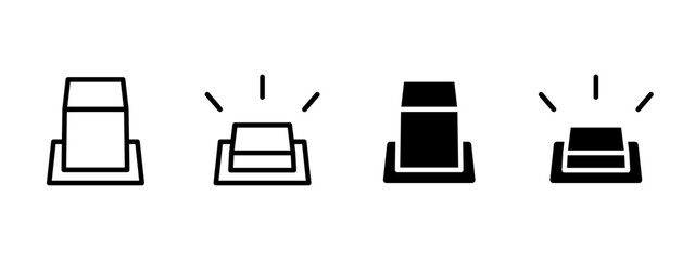 Button icon. Emergency or control button vector illustration with rays indicating activation. Symbol of pressing action, used in alert systems, user interfaces and safety controls.