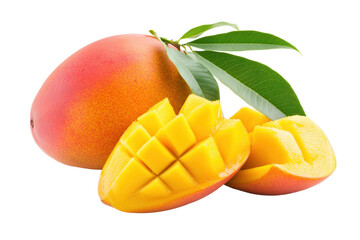 Fototapeta premium Ripe mango with leaves and cubes of juicy flesh, cut out
