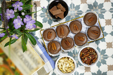 piece of traditional homemade Algerian cookies named chocolate sablé in french for holiday muslim like Eid al Fitr and ramadan