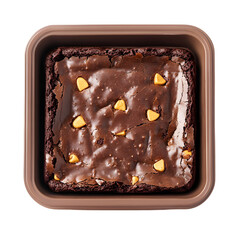 Overhead view of a chocolate brownie with butterscotch chips in a square pan