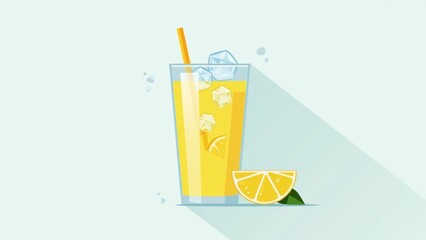 illustration tall glass orange juice yellow straw glass filled ice cubes slice lemon side background light blue gradient effect overall color scheme bright cheerful