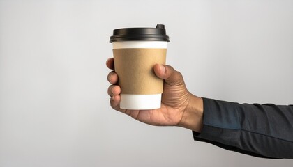 Mockup de una mano masculina sosteniendo un vaso de café de papel sobre un fondo gris claro. – Imagen de alta calidad