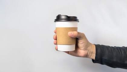 Mockup de una mano masculina sosteniendo un vaso de café de papel sobre un fondo gris claro. – Imagen de alta calidad
