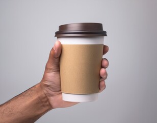 Mockup de una mano masculina sosteniendo un vaso de café de papel sobre un fondo gris claro. – Imagen de alta calidad