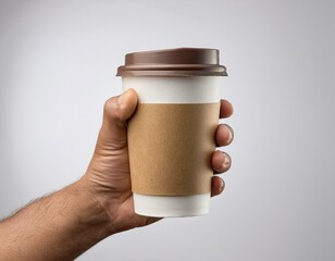 Mockup de una mano masculina sosteniendo un vaso de café de papel sobre un fondo gris claro. – Imagen de alta calidad