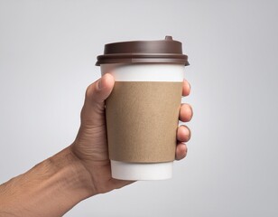 Mockup de una mano masculina sosteniendo un vaso de café de papel sobre un fondo gris claro. – Imagen de alta calidad