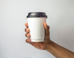 Mockup de una mano masculina sosteniendo un vaso de café de papel sobre un fondo gris claro. – Imagen de alta calidad