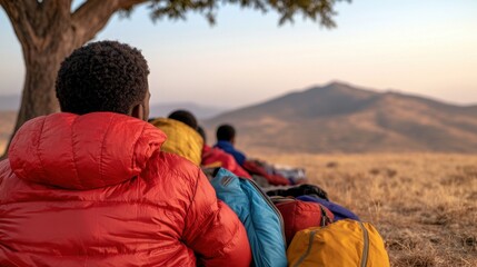 Fototapeta premium Migration journey hope Concept, Group of Migrants Resting Under a Tree During Their Journey in a Scenic Landscape