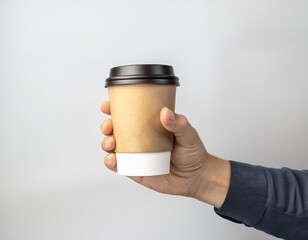 Mockup de una mano masculina sosteniendo un vaso de café de papel sobre un fondo gris claro. – Imagen de alta calidad