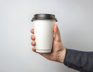 Mockup de una mano masculina sosteniendo un vaso de café de papel sobre un fondo gris claro. – Imagen de alta calidad