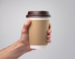 Mockup de una mano masculina sosteniendo un vaso de café de papel sobre un fondo gris claro. – Imagen de alta calidad