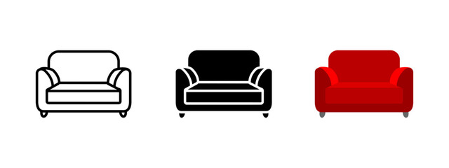 Sofa icon. Comfortable red couch with armrests vector illustration. Home furniture symbol for living room design, relaxation spaces and modern interior decoration concepts.