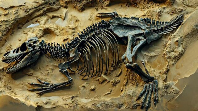 Dinosaur skeleton reveals ancient life in partially buried sediment at excavation site, Dinosaur skeleton partially buried in sediment