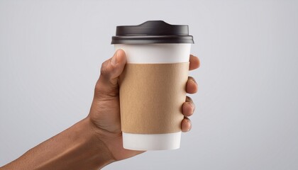 Mockup de una mano masculina sosteniendo un vaso de café de papel sobre un fondo gris claro. – Imagen de alta calidad