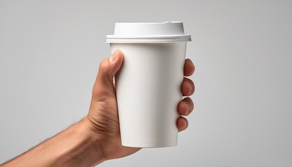 Mockup de una mano masculina sosteniendo un vaso de café de papel sobre un fondo gris claro. – Imagen de alta calidad