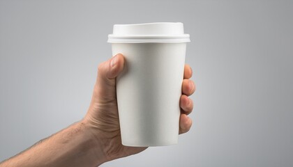 Mockup de una mano masculina sosteniendo un vaso de café de papel sobre un fondo gris claro. – Imagen de alta calidad