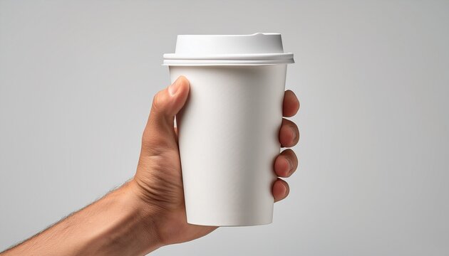 Mockup de una mano masculina sosteniendo un vaso de caf&eacute; de papel sobre un fondo gris claro. &ndash; Imagen de alta calidad