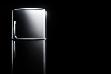 close up of stainless steel fridge door reflecting light against dark background, showcasing its sleek design and modern aesthetic. polished surface adds touch of elegance to any kitchen