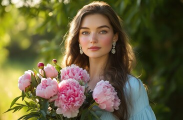 Obraz premium A portrait of an elegant young woman with long hair, holding pink and white peonies in her hand, wearing earrings and a light blue dress, standing outdoors against the backdrop of nature