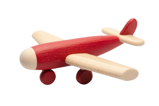Red and natural wood toy airplane with simplistic design, cut out