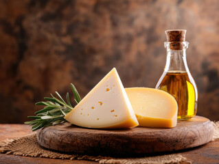 harmonious display of cheese, bottle of olive oil, and fresh herbs create rustic culinary scene. warm tones evoke sense of comfort and gourmet delight