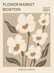 Abstract flower print - Flower Market Boston. Trendy botanical wall art with floral design in sage green colors. Modern naive groovy funky interior decoration, painting. Vector art illustration